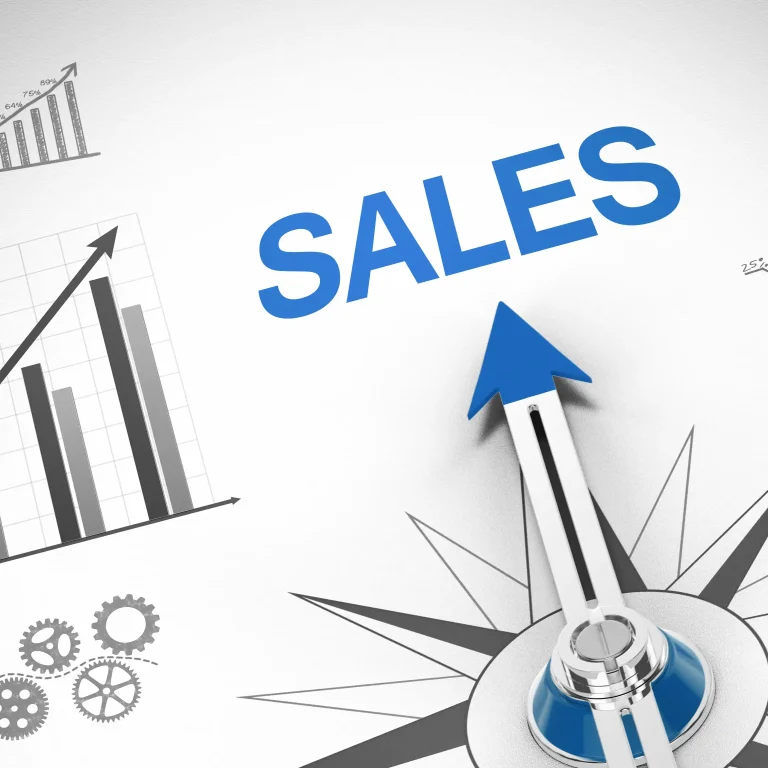 Diagram showing graphs and a large pointer to a Sales sign.